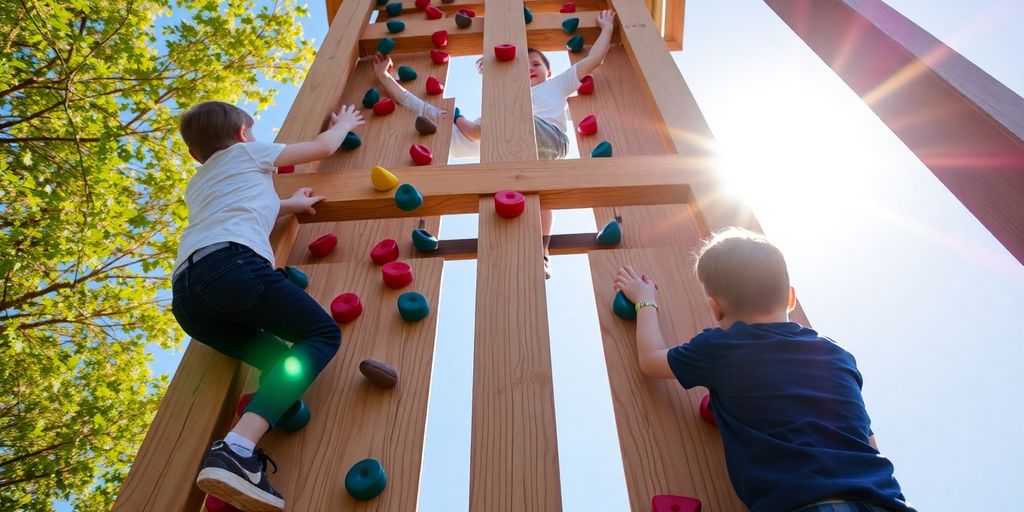 Kinder klettern auf einem bunten Holzkletterturm im Freien.