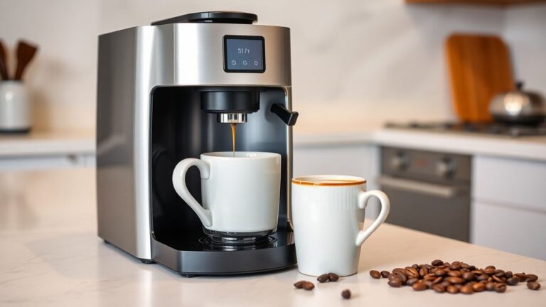 Kaffeevollautomat mit frisch gebrühtem Kaffee und Kaffeebohnen.