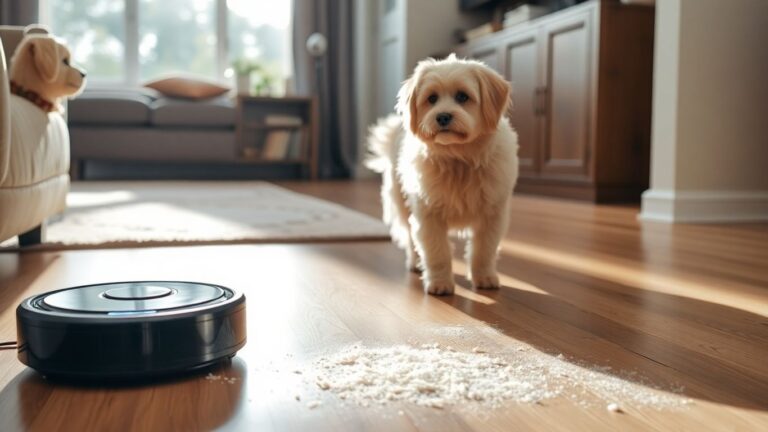 Staubsaugerroboter reinigt Boden von Tierhaaren, Haustier schaut zu.