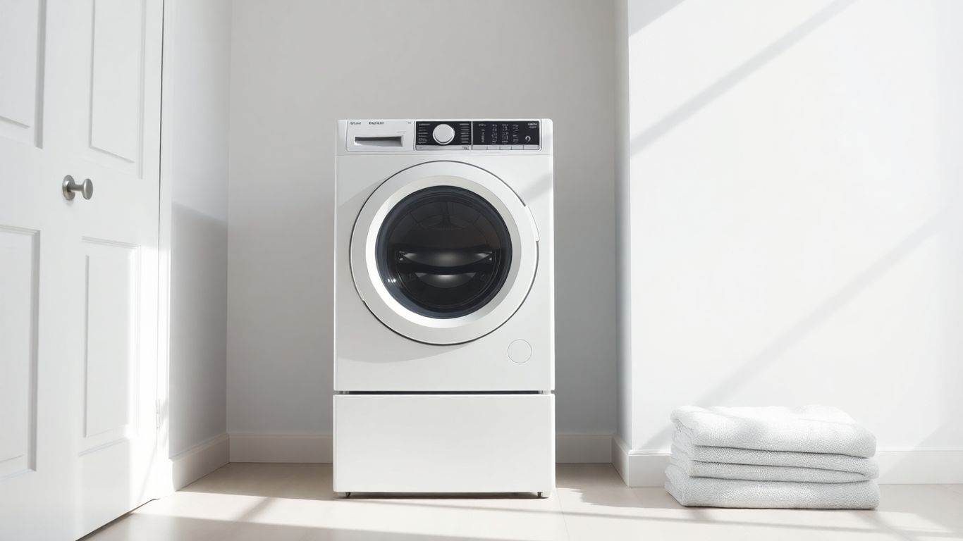 Wärmepumpentrockner in einem modernen Waschraum mit Handtüchern.