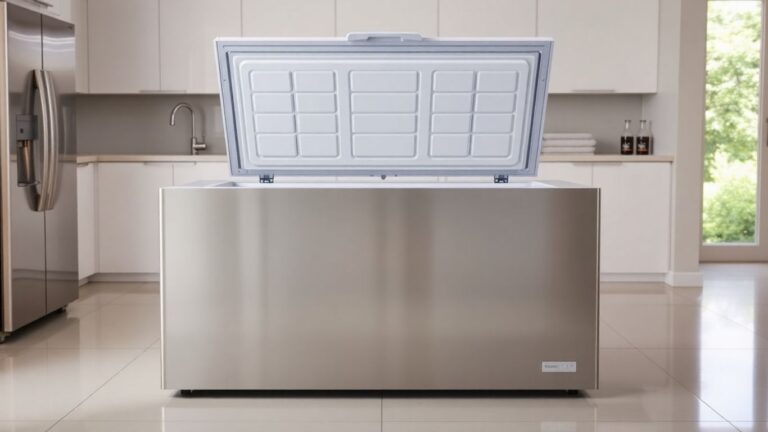 Großer Gefrierschrank in einer modernen Küche mit gefrorenen Lebensmitteln.